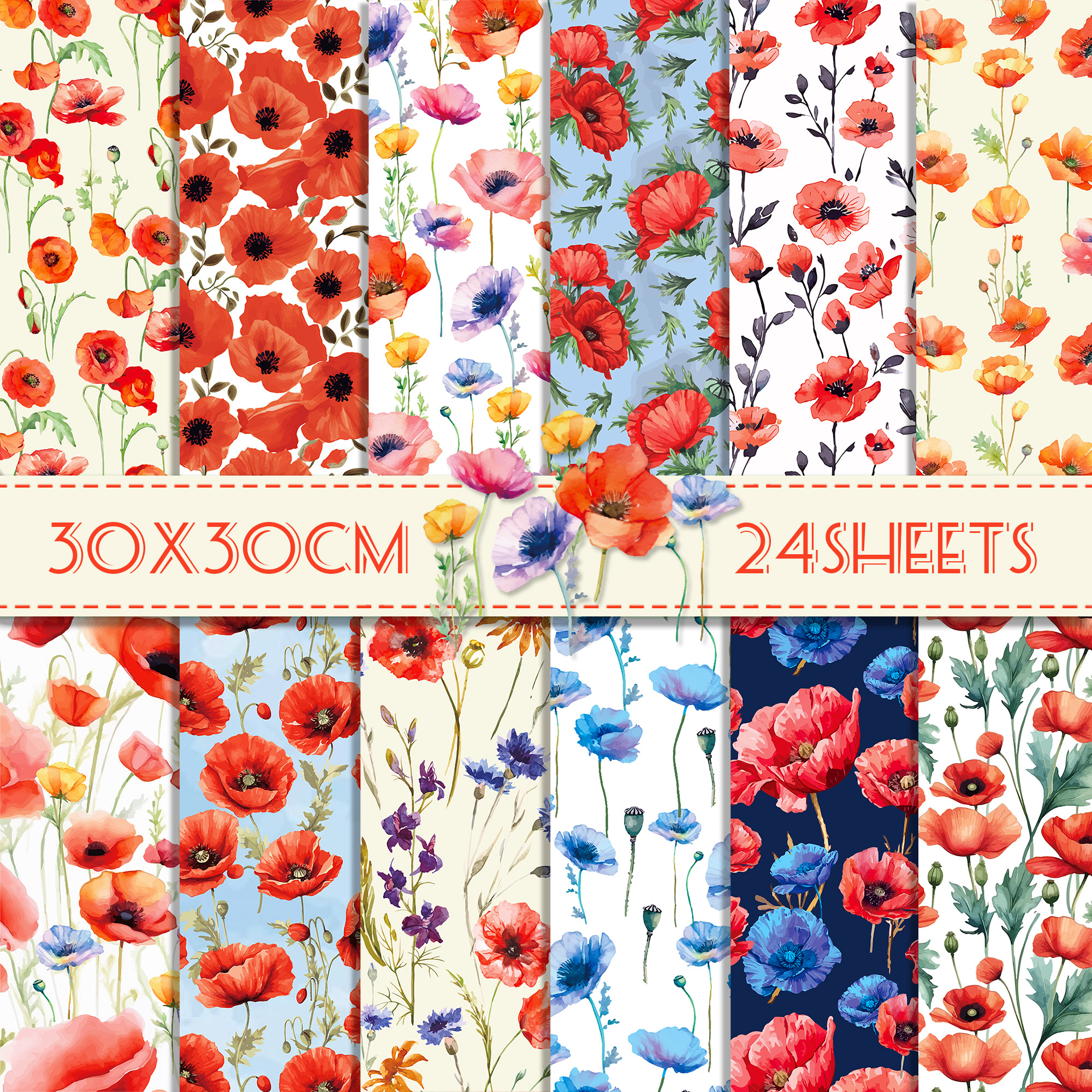 Art Craft With Paper - 24pcs 30*30cm Poppy Red Flowers Scrapbook