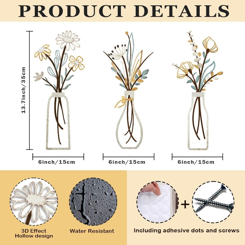 3pcs Metal Flowers Wall Decora - Art Craft Room 评论和价格